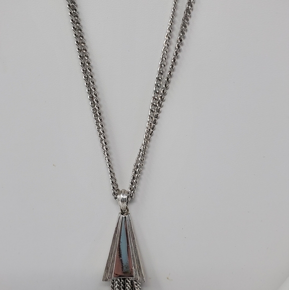 MONET SIGNED SILVER DOUBLE STRAND CHAIN NECKLACE FRINGE PENDANT JEWELRY COSTUME - Picture 3 of 12